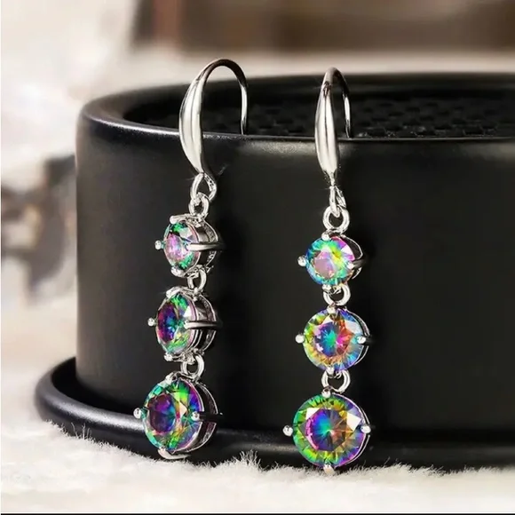 Silver platinum mystic topaz stone hook earrings - Picture 4 of 4